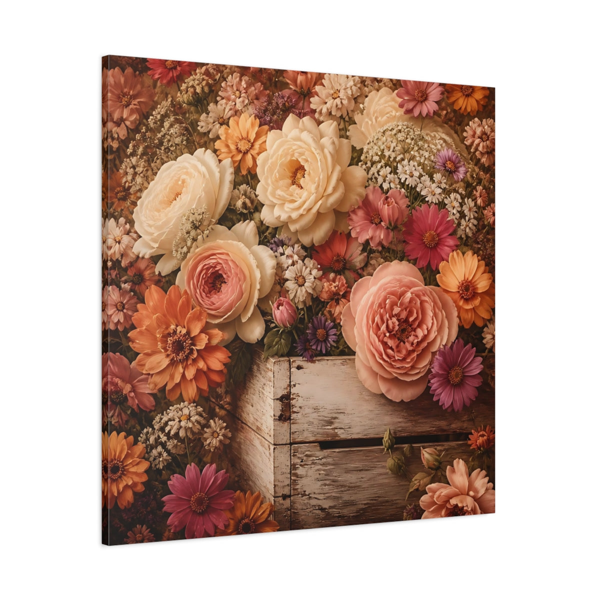 Side Mockup 1. Floral Roses Vintage Floral shown as stretched canvas wall art