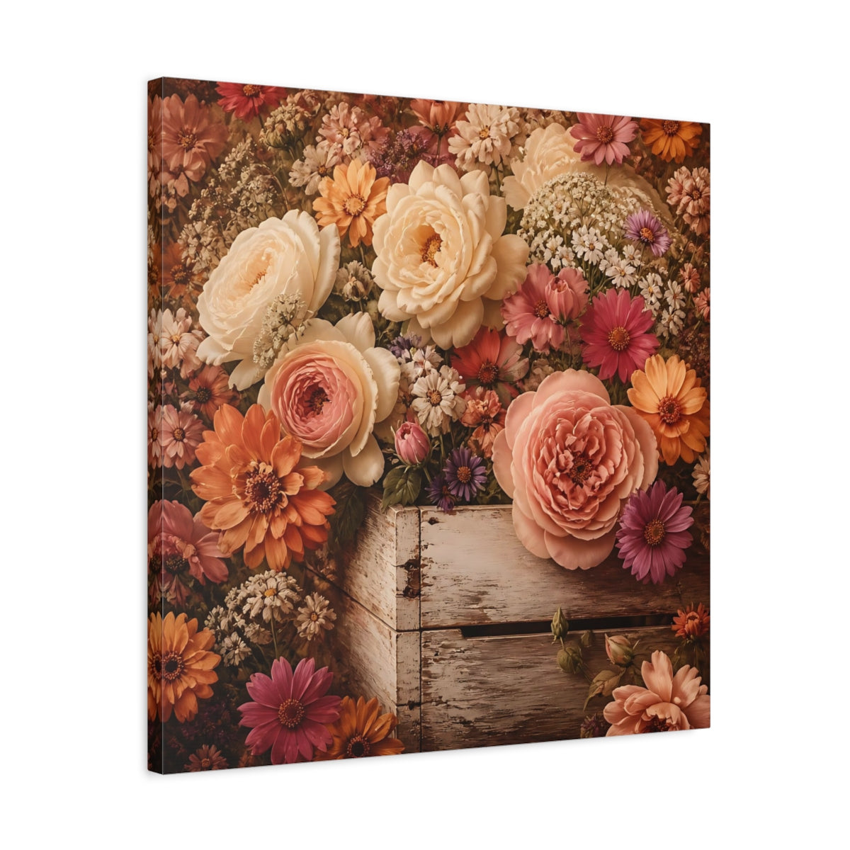 Side Mockup 4. Floral Roses Vintage Floral shown as stretched canvas wall art