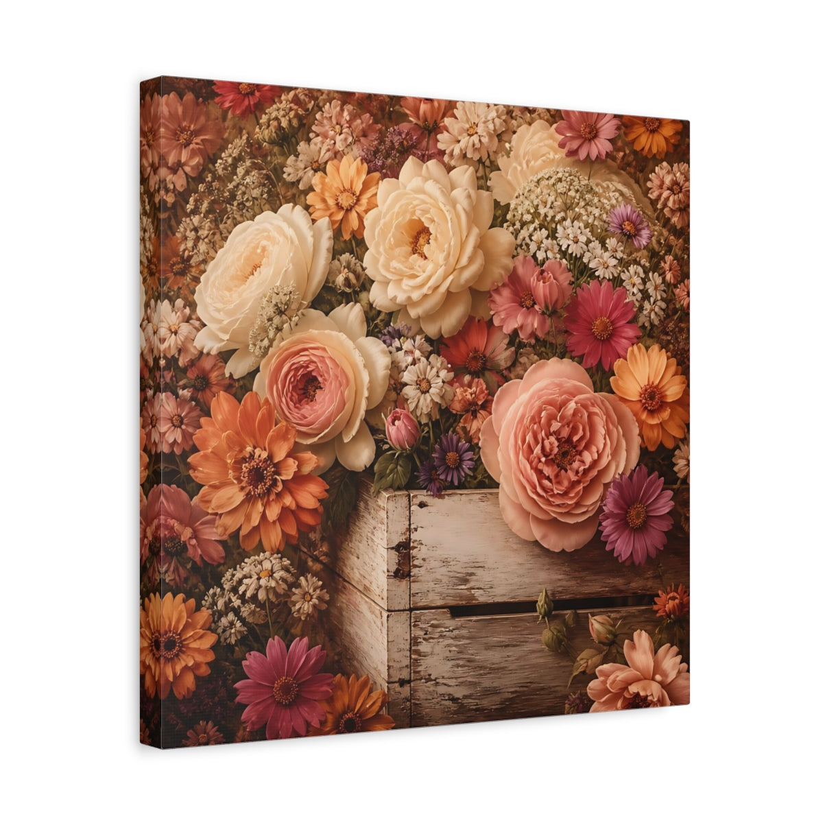 Side Mockup 6. Floral Roses Vintage Floral shown as stretched canvas wall art