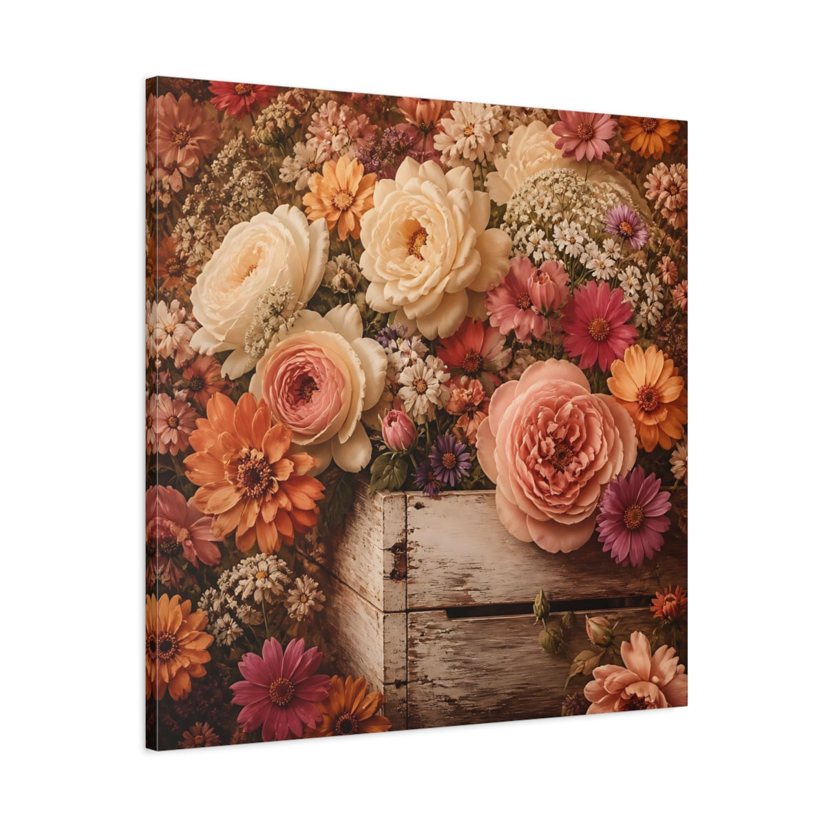 Side Mockup 3. Floral Roses Vintage Floral shown as stretched canvas wall art