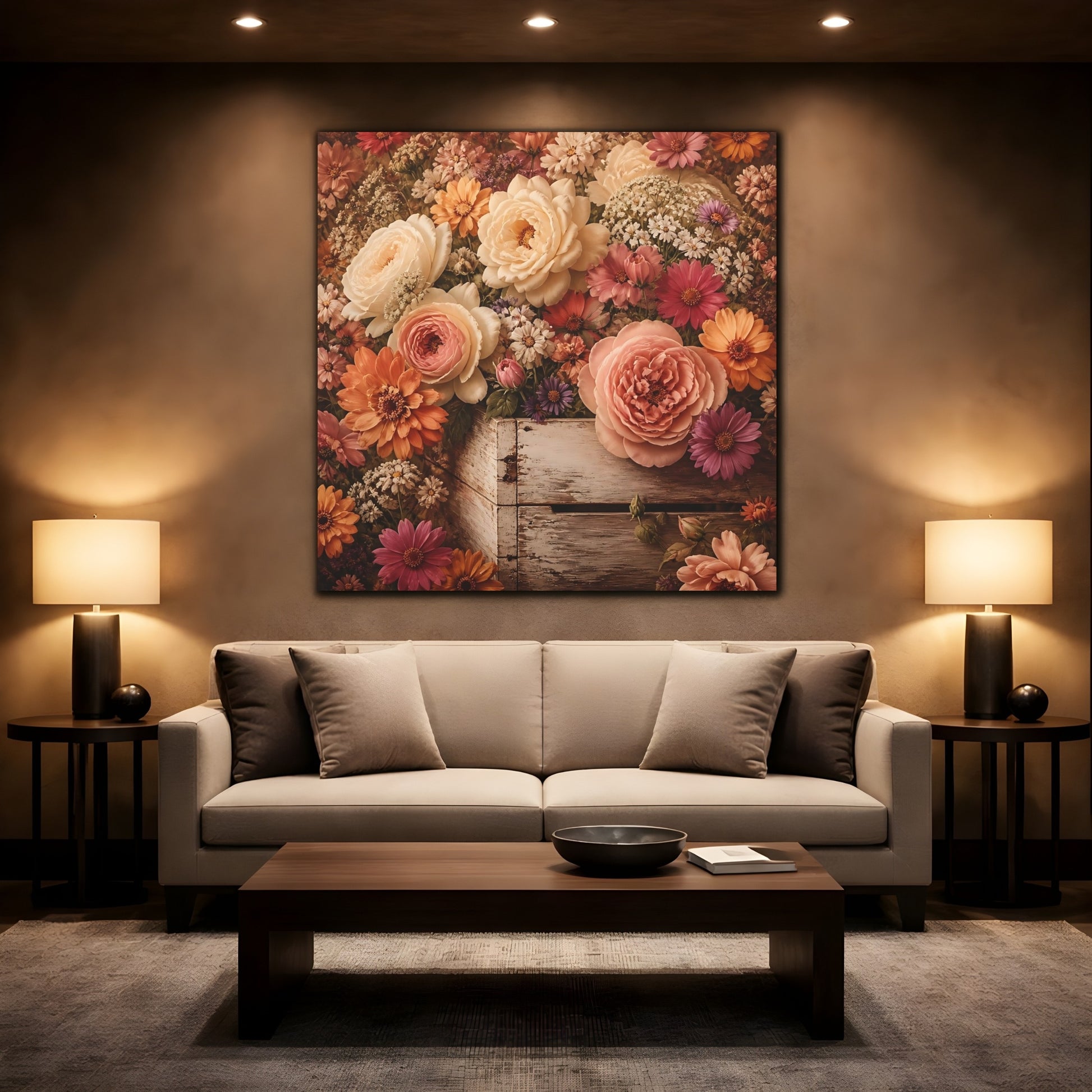 Mockup 2. Floral Roses Vintage Floral shown as stretched canvas wall art