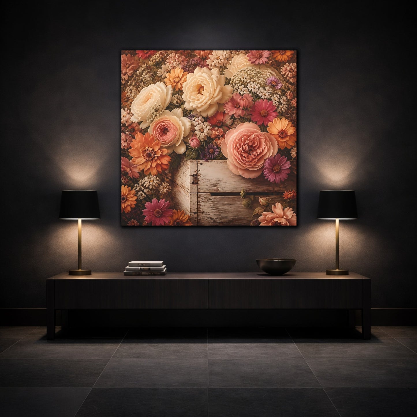 Mockup 3. Floral Roses Vintage Floral shown as stretched canvas wall art