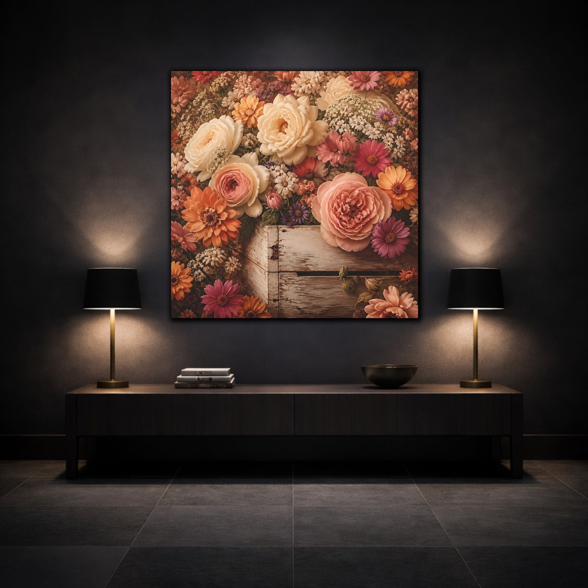 Mockup 3. Floral Roses Vintage Floral shown as stretched canvas wall art