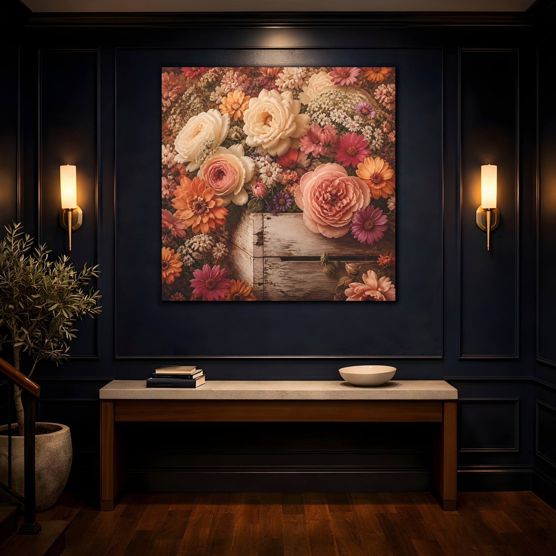 Mockup 4. Floral Roses Vintage Floral shown as stretched canvas wall art