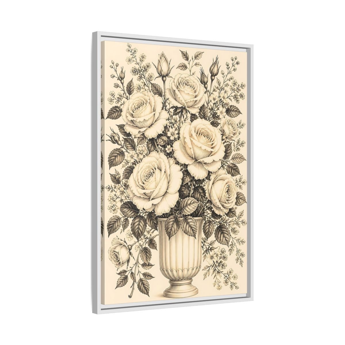 Floral Roses Vintage Rose Bouquet Framed Canvas Print Wall Art – Living Room, Above Fireplace - YesArtYes