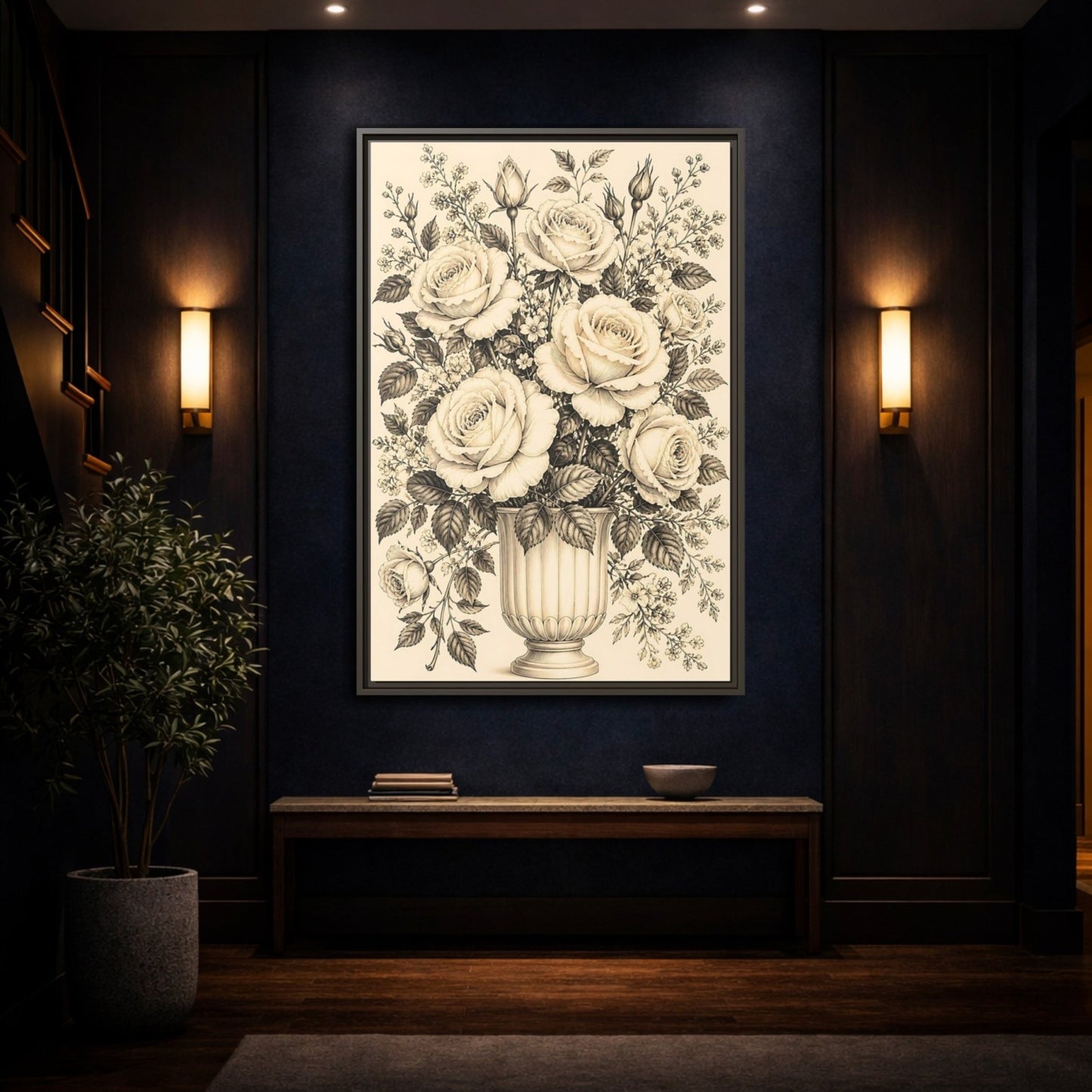 Floral Roses Vintage Rose Bouquet Framed Canvas Print Wall Art – Living Room, Above Fireplace - YesArtYes