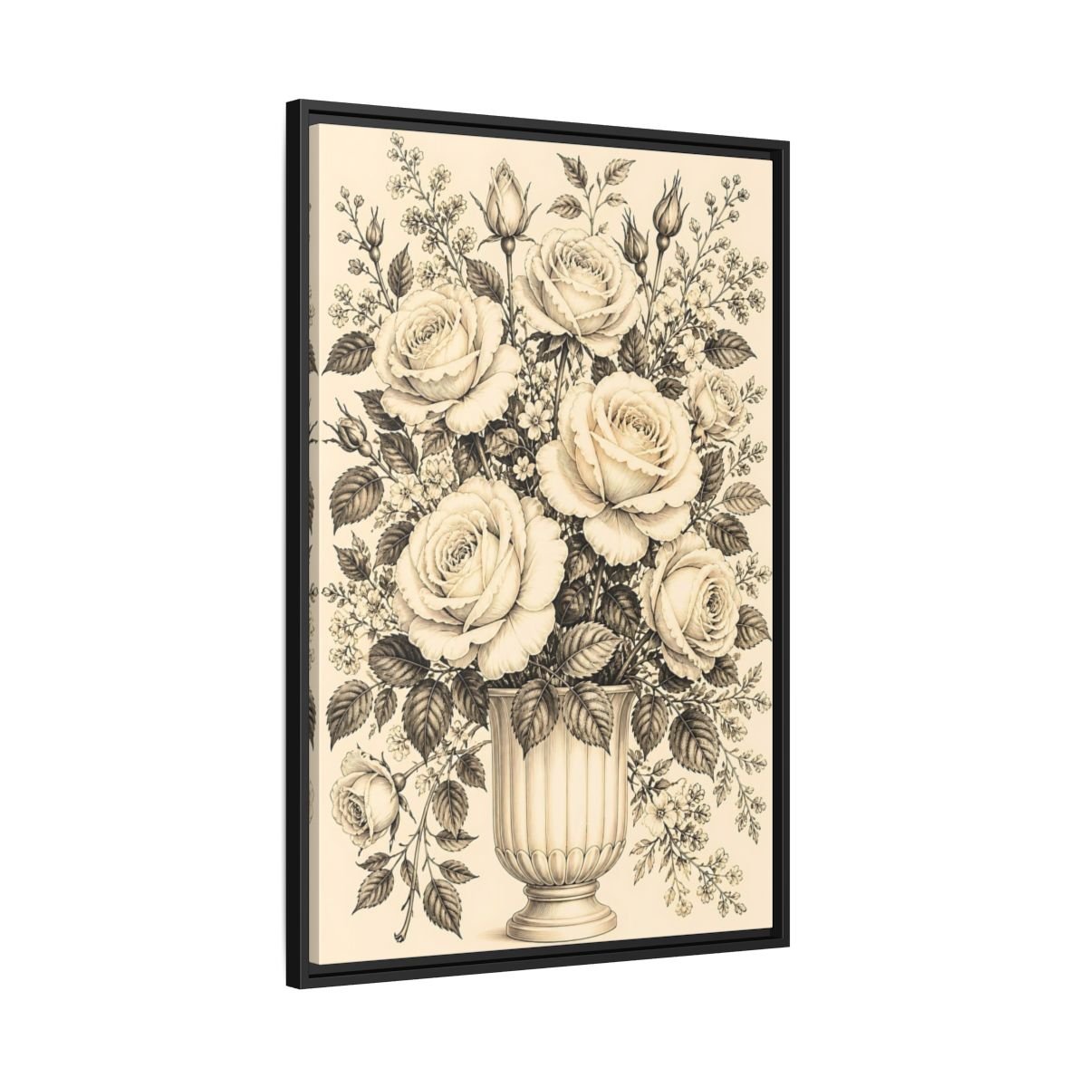 Floral Roses Vintage Rose Bouquet Framed Canvas Print Wall Art – Living Room, Above Fireplace - YesArtYes