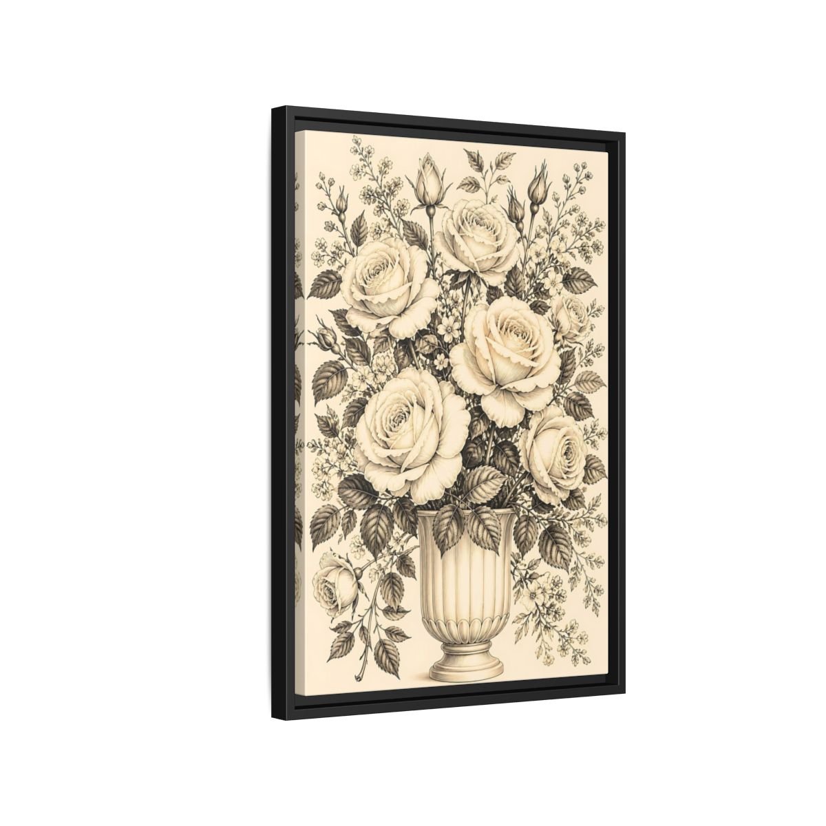 Floral Roses Vintage Rose Bouquet Framed Canvas Print Wall Art – Living Room, Above Fireplace - YesArtYes