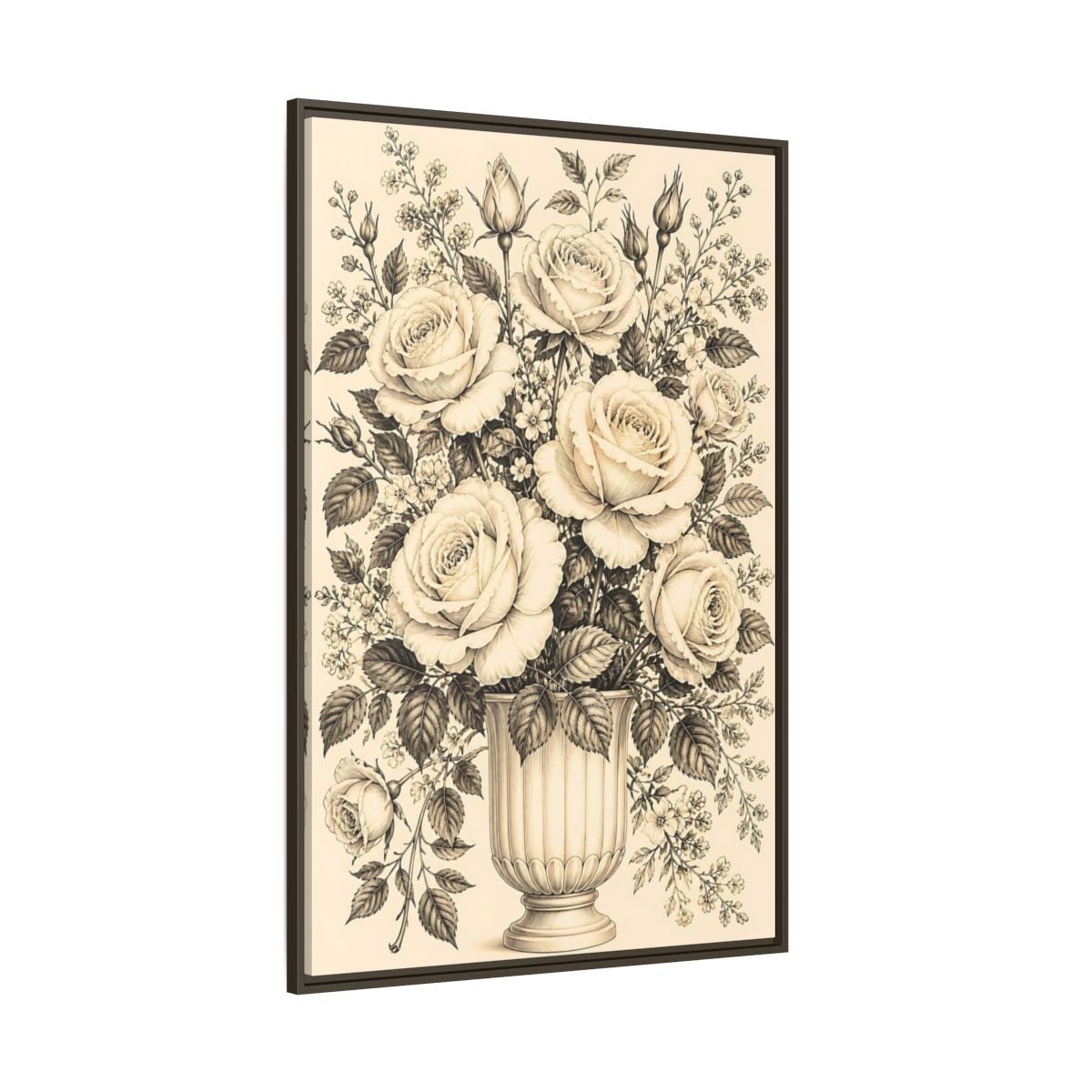 Floral Roses Vintage Rose Bouquet Framed Canvas Print Wall Art – Living Room, Above Fireplace - YesArtYes