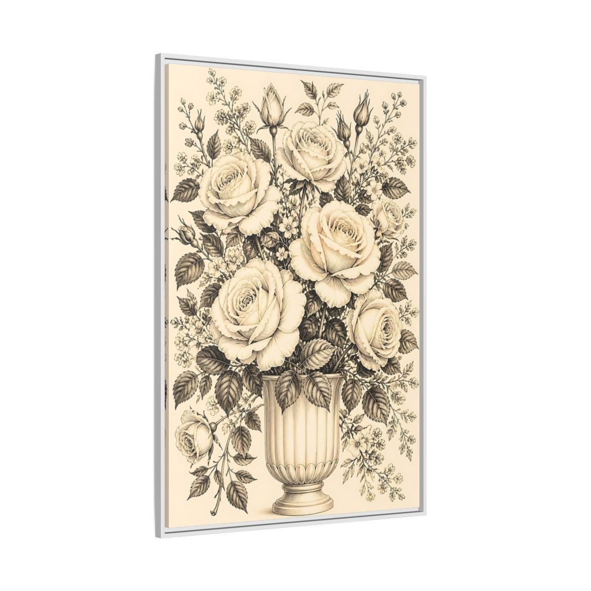 Floral Roses Vintage Rose Bouquet Framed Canvas Print Wall Art – Living Room, Above Fireplace - YesArtYes