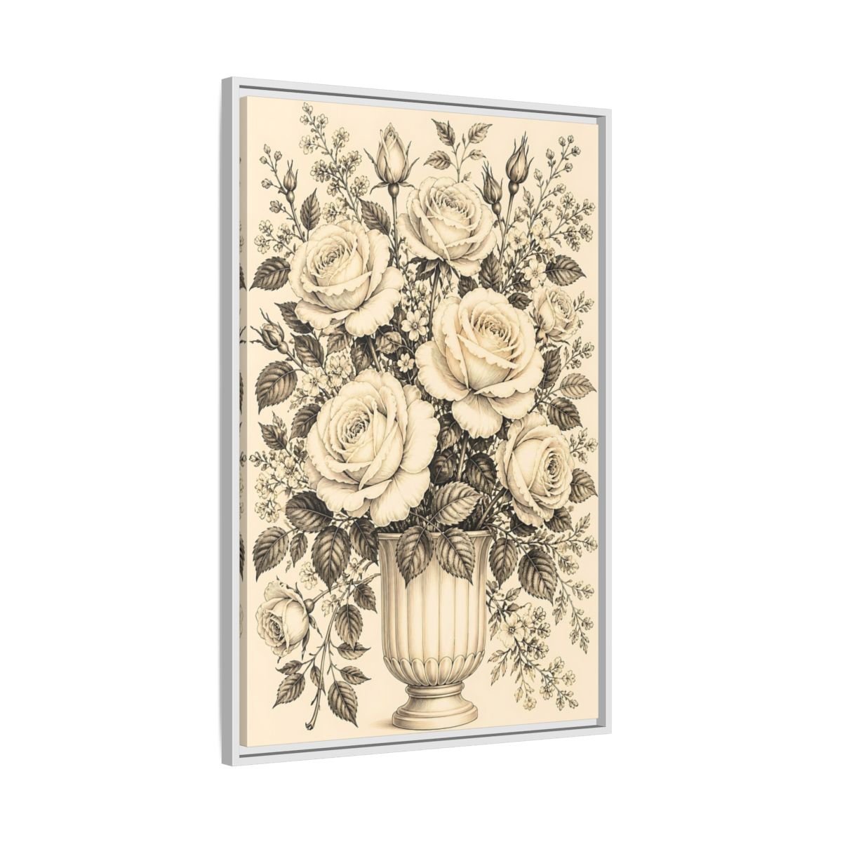 Floral Roses Vintage Rose Bouquet Framed Canvas Print Wall Art – Living Room, Above Fireplace - YesArtYes