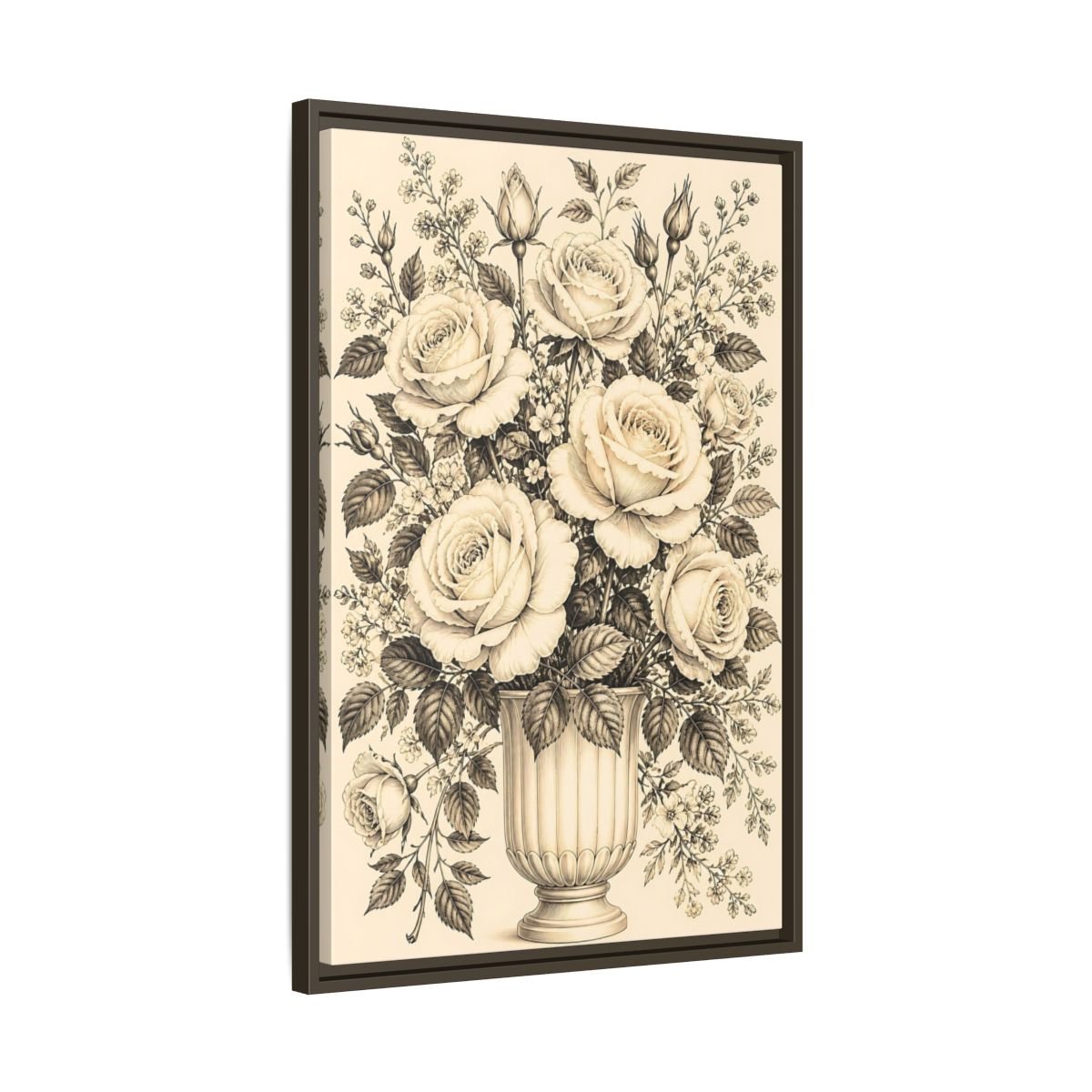Floral Roses Vintage Rose Bouquet Framed Canvas Print Wall Art – Living Room, Above Fireplace - YesArtYes