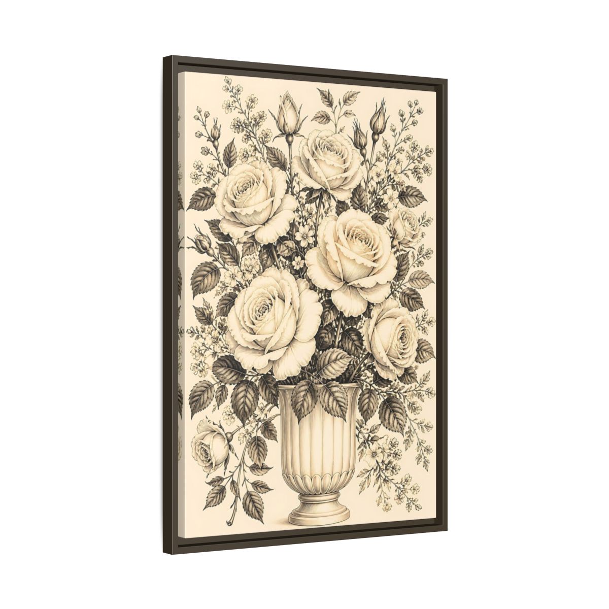 Side Mockup 11. Floral Roses Vintage Rose Bouquet shown as framed canvas print