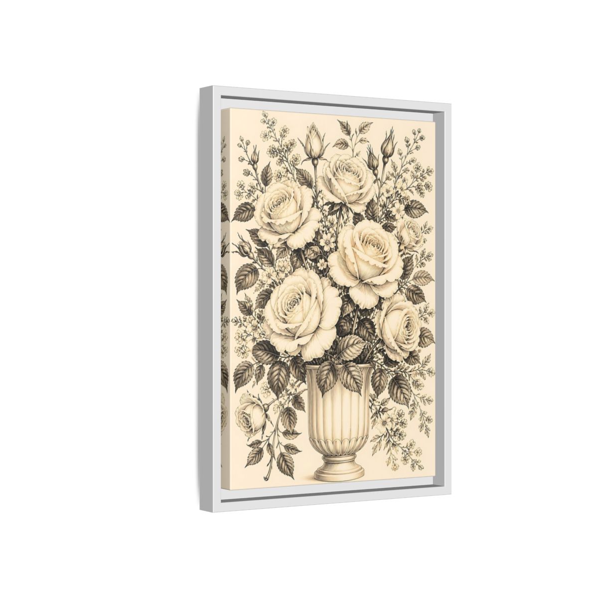 Side Mockup 4. Floral Roses Vintage Rose Bouquet shown as framed canvas print
