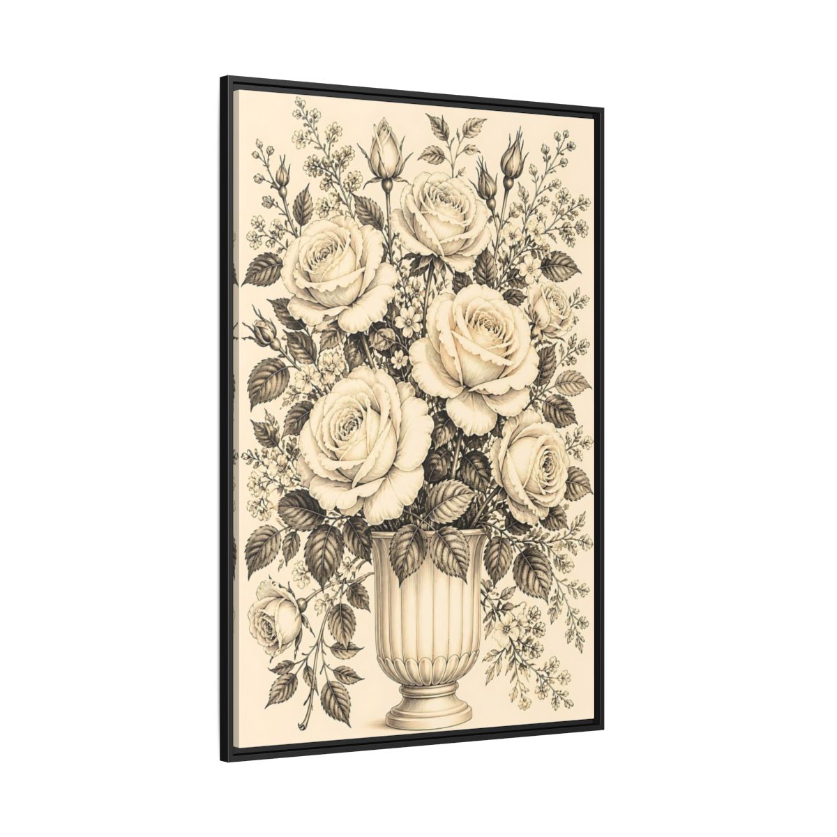 Side Mockup 12. Floral Roses Vintage Rose Bouquet shown as framed canvas print