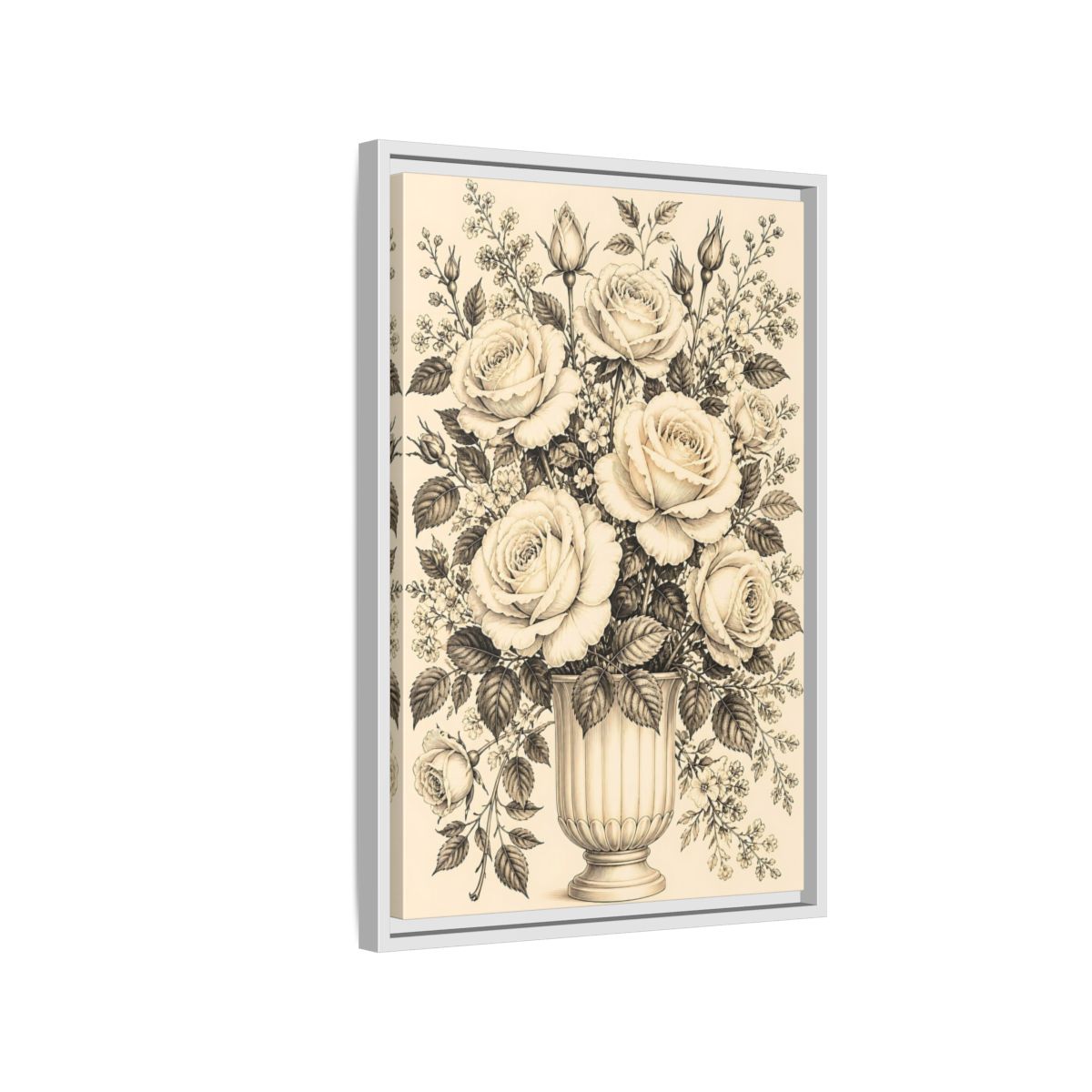Side Mockup 1. Floral Roses Vintage Rose Bouquet shown as framed canvas print