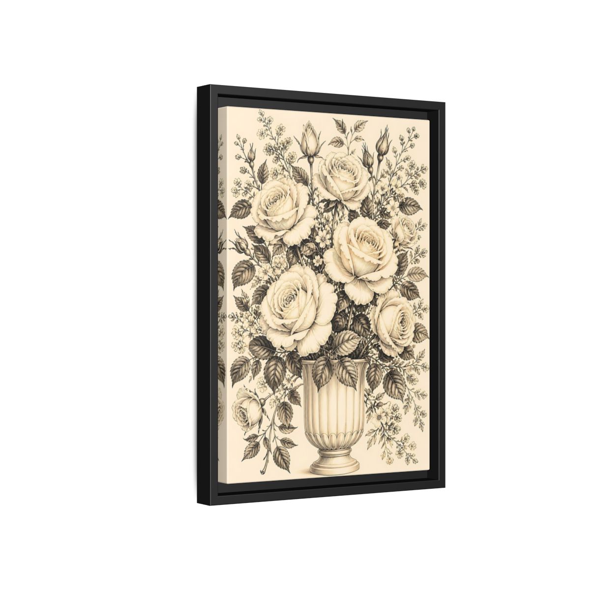 Side Mockup 6. Floral Roses Vintage Rose Bouquet shown as framed canvas print