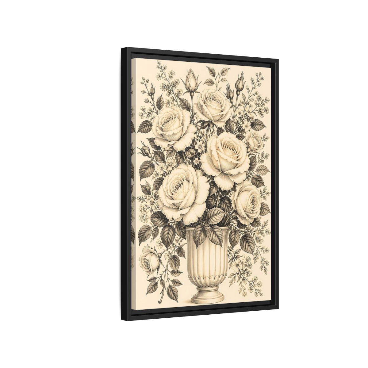 Side Mockup 3. Floral Roses Vintage Rose Bouquet shown as framed canvas print