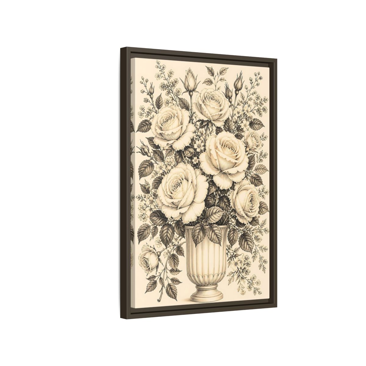 Side Mockup 2. Floral Roses Vintage Rose Bouquet shown as framed canvas print