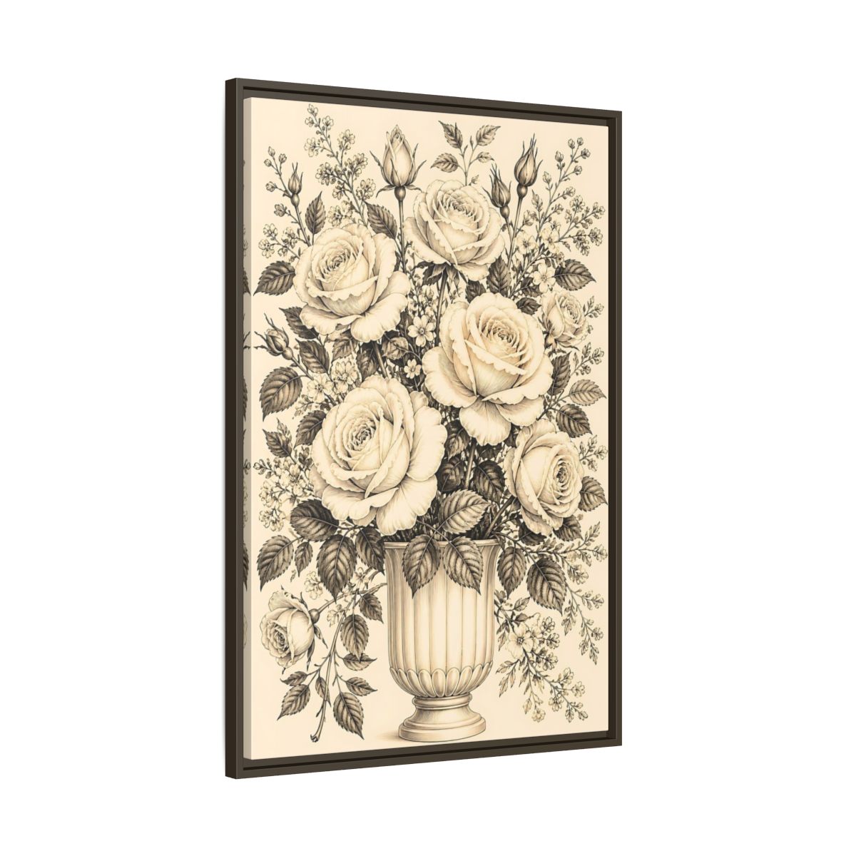 Main Mockup. Floral Roses Vintage Rose Bouquet shown as framed canvas print