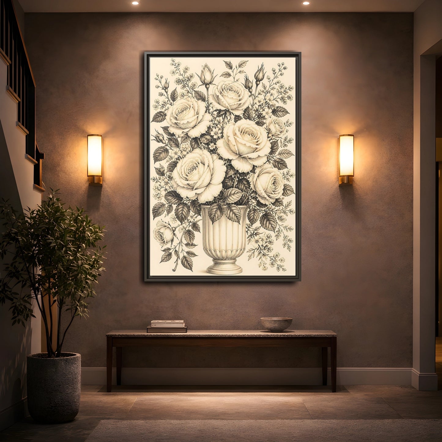 Mockup 2. Floral Roses Vintage Rose Bouquet shown as framed canvas print