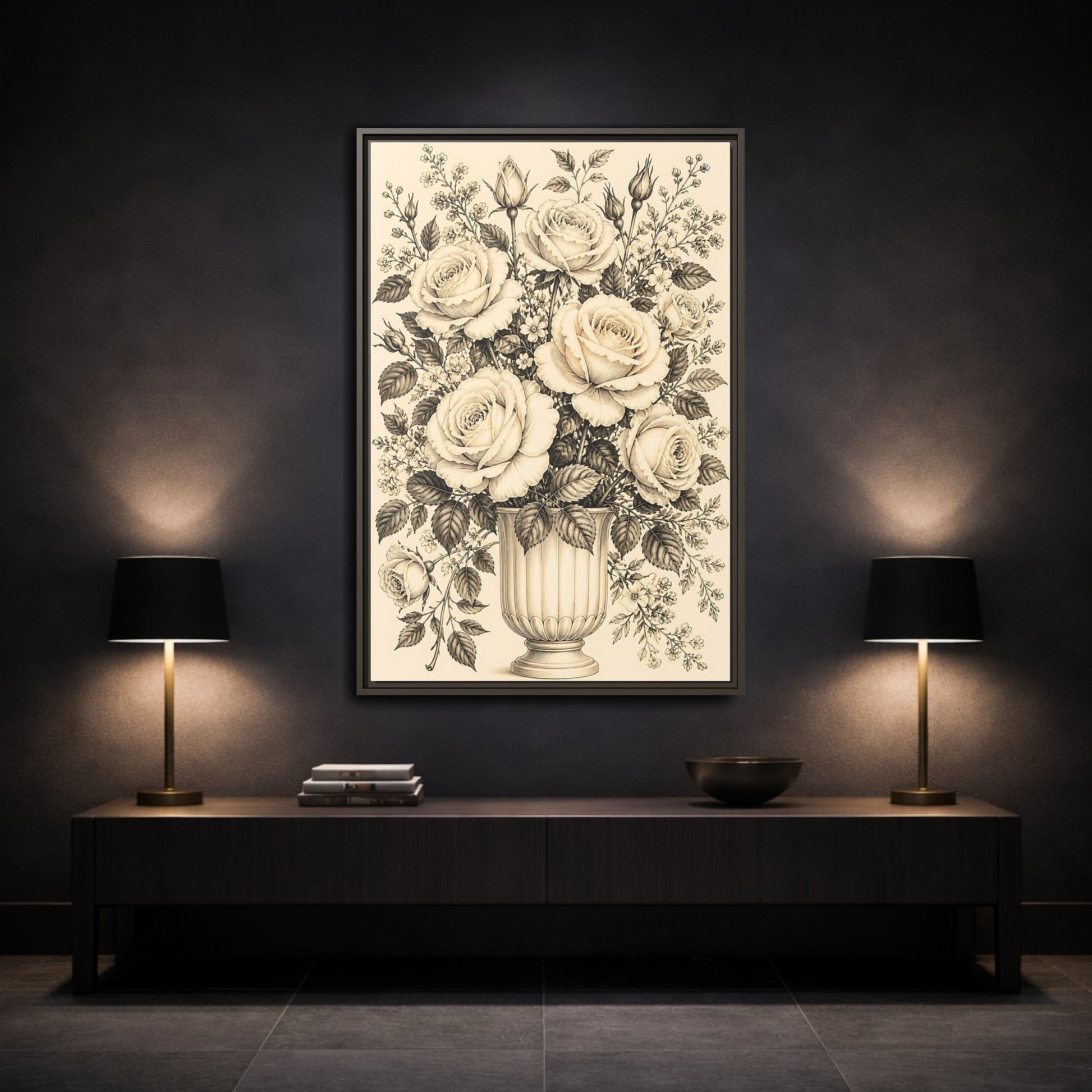 Mockup 3. Floral Roses Vintage Rose Bouquet shown as framed canvas print