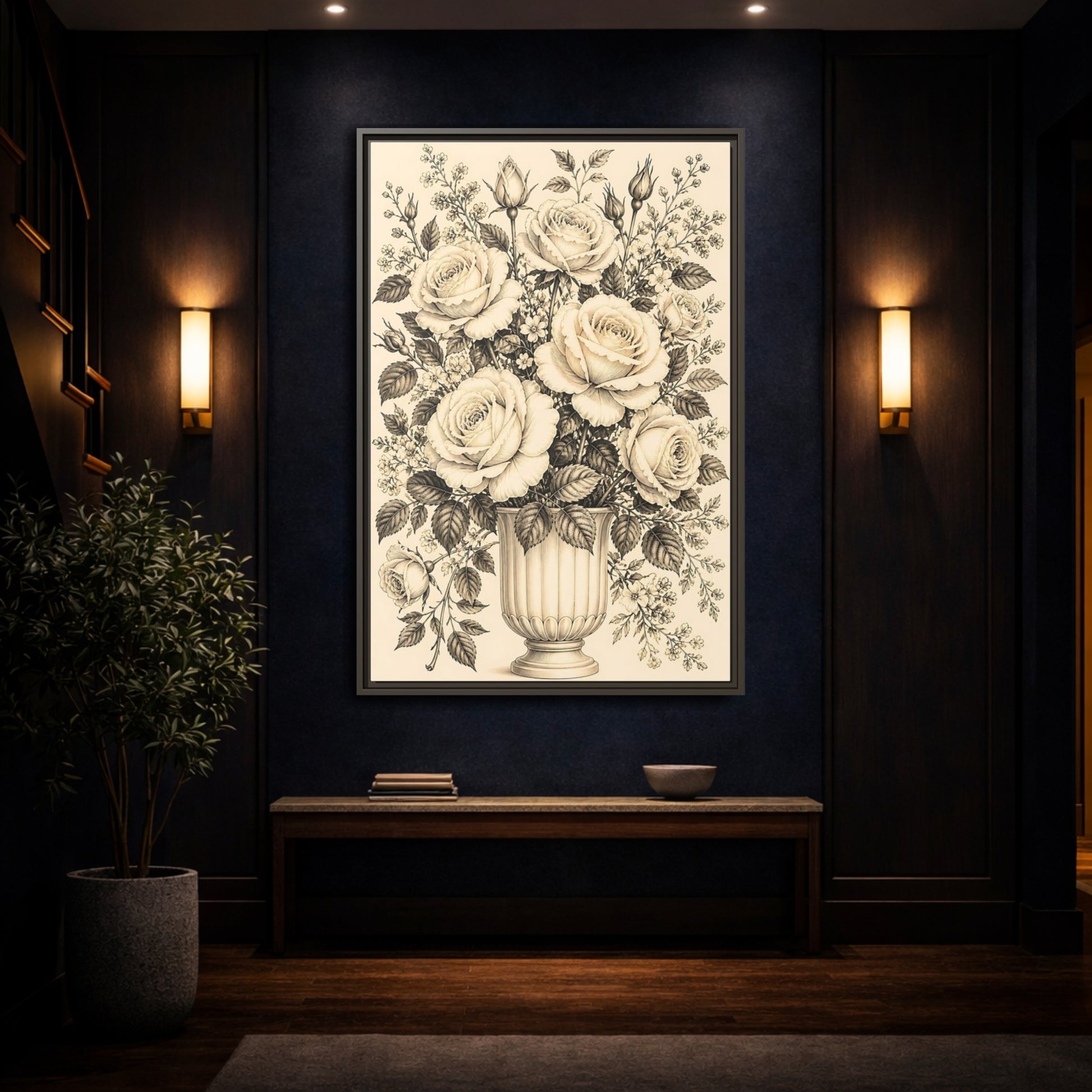 Mockup 4. Floral Roses Vintage Rose Bouquet shown as framed canvas print