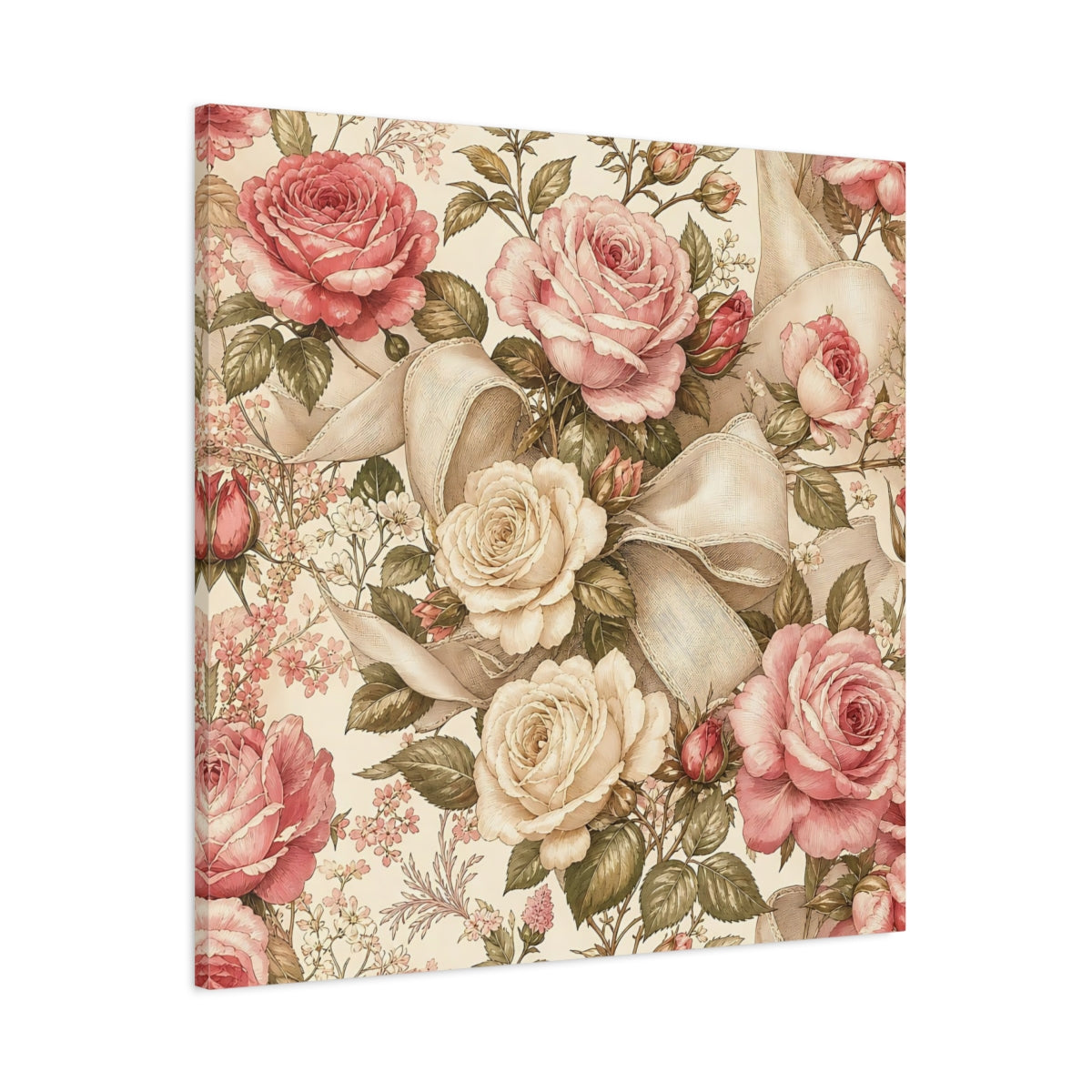 Main Mockup. Floral Roses Vintage Rose Pattern shown as stretched canvas wall art
