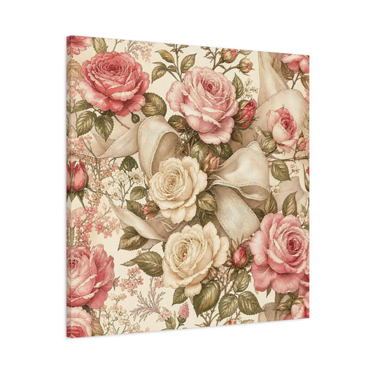 Main Mockup. Floral Roses Vintage Rose Pattern shown as stretched canvas wall art