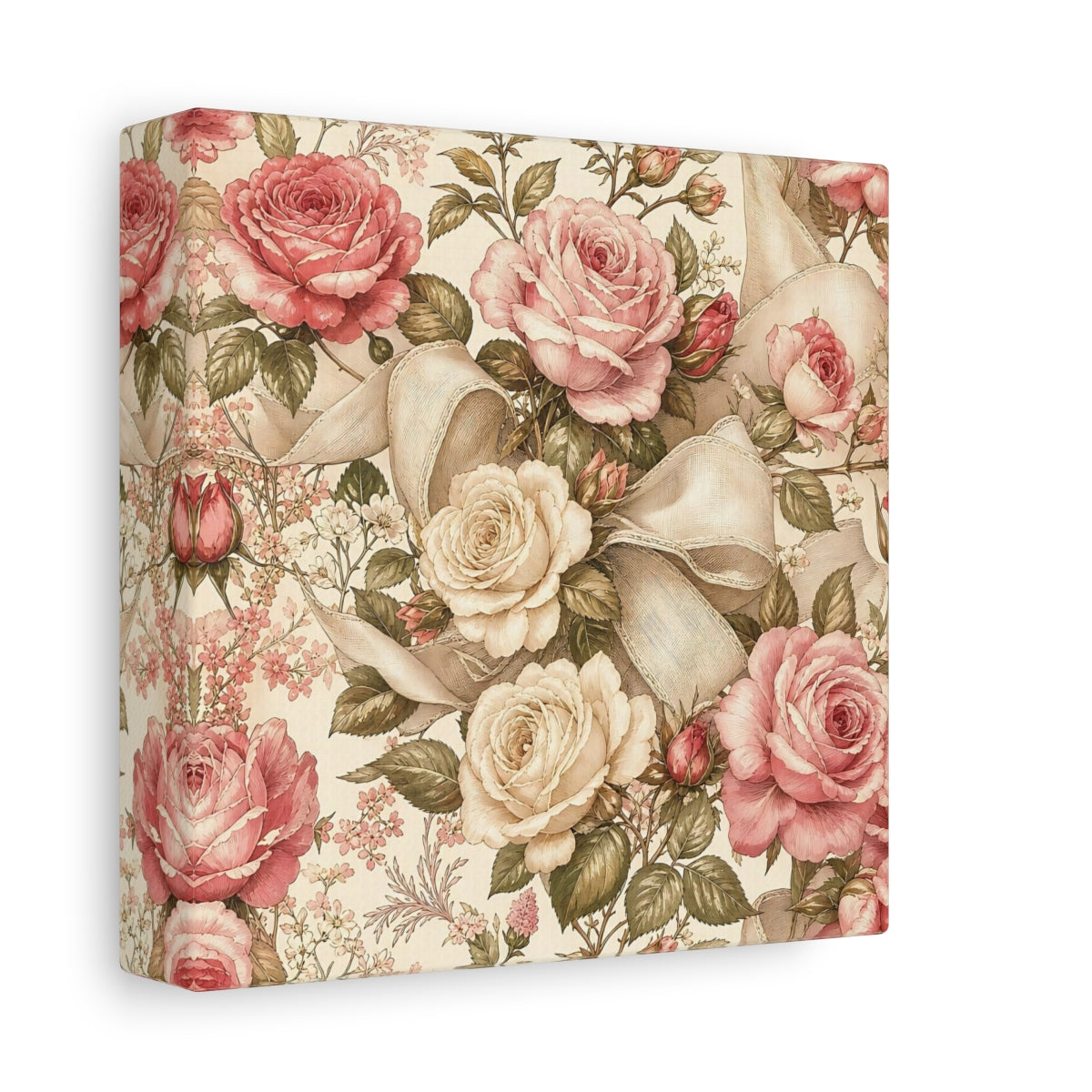 Side Mockup 2. Floral Roses Vintage Rose Pattern shown as stretched canvas wall art
