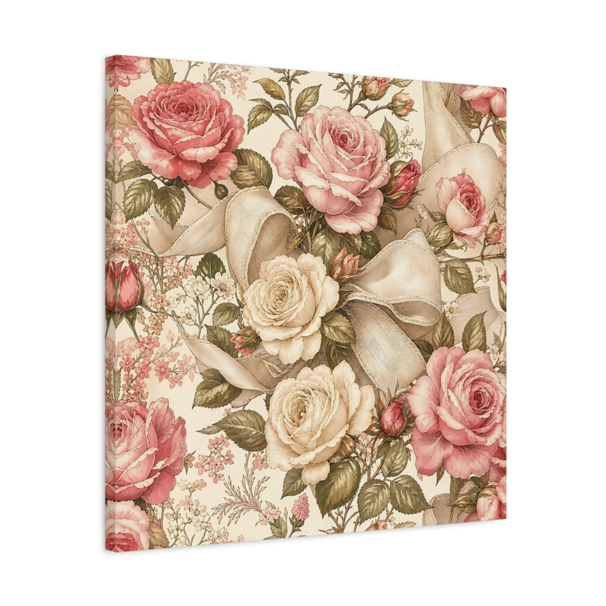 Side Mockup 4. Floral Roses Vintage Rose Pattern shown as stretched canvas wall art