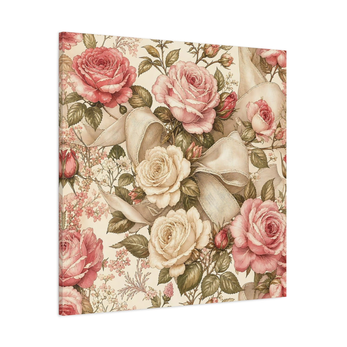 Side Mockup 1. Floral Roses Vintage Rose Pattern shown as stretched canvas wall art