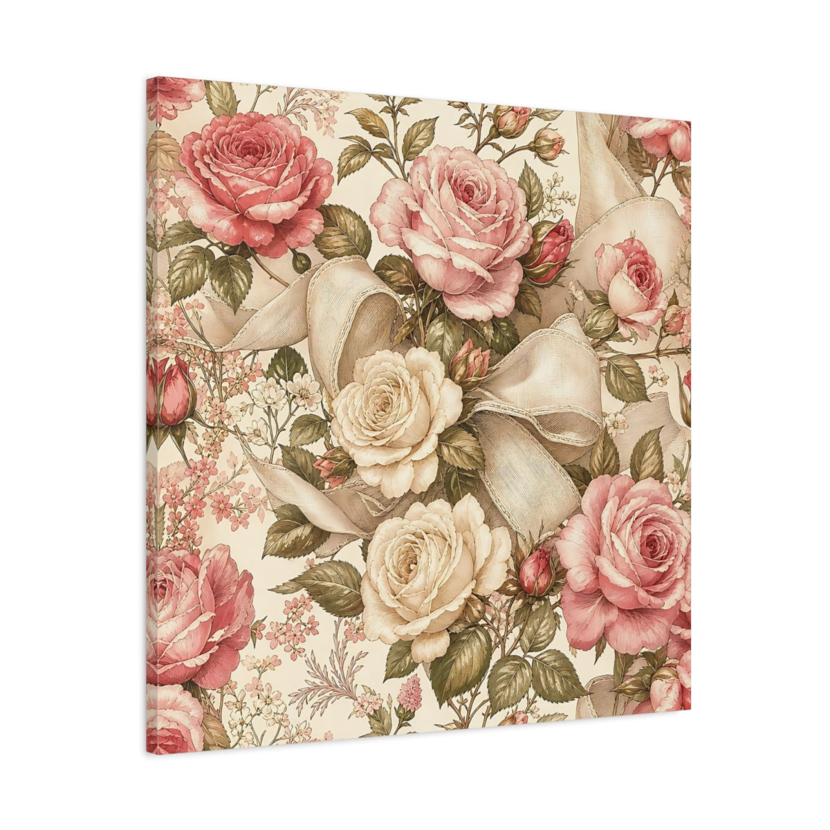 Side Mockup 3. Floral Roses Vintage Rose Pattern shown as stretched canvas wall art