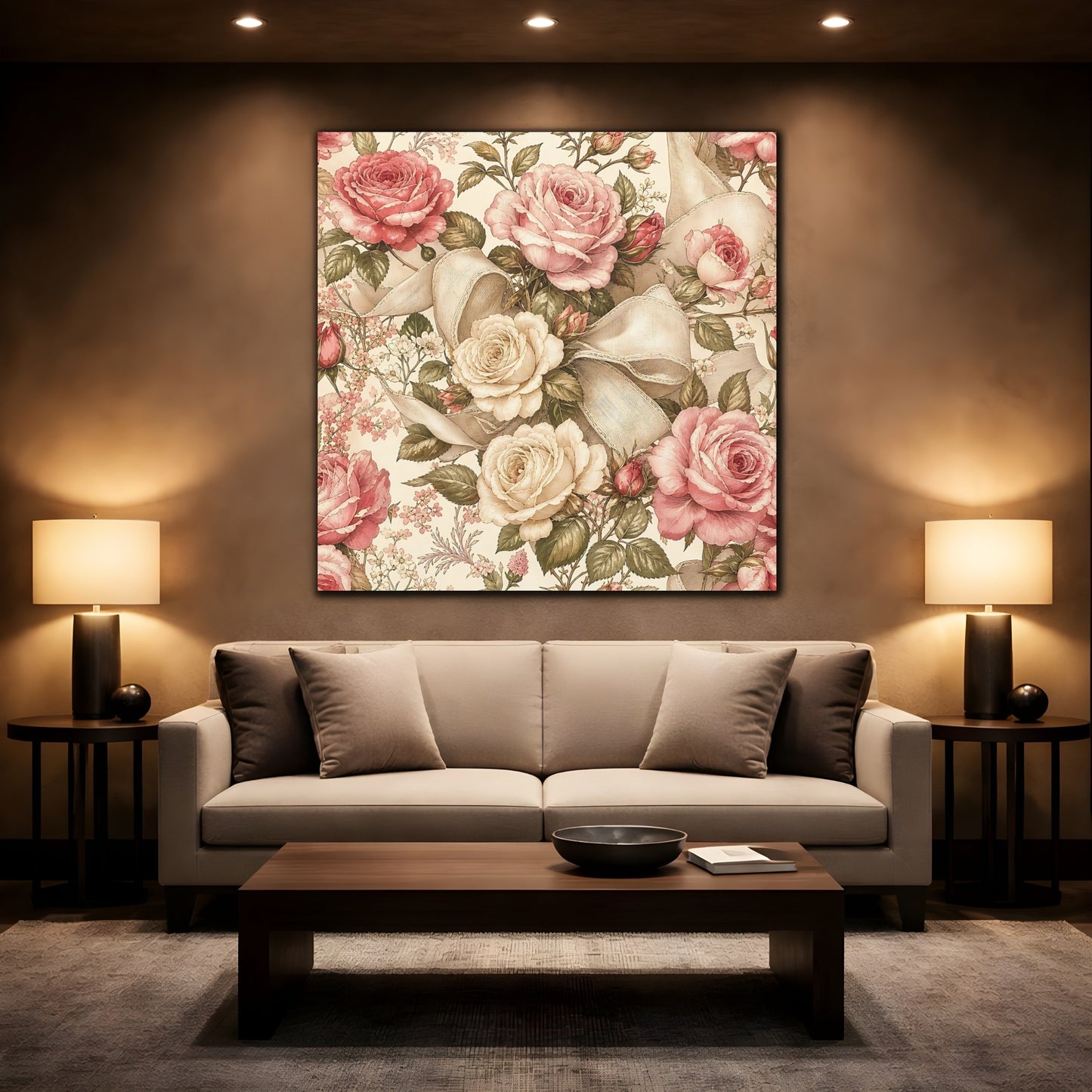 Mockup 2. Floral Roses Vintage Rose Pattern shown as stretched canvas wall art