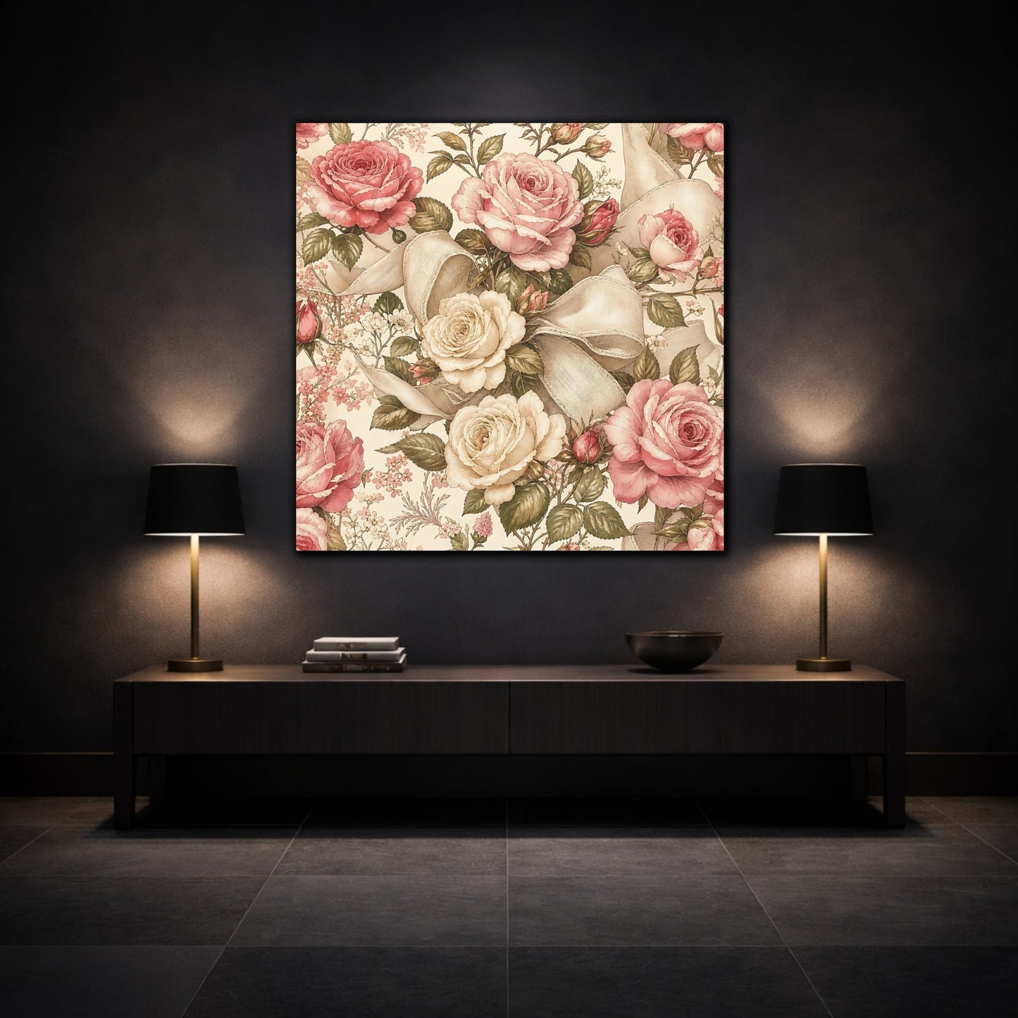 Mockup 3. Floral Roses Vintage Rose Pattern shown as stretched canvas wall art