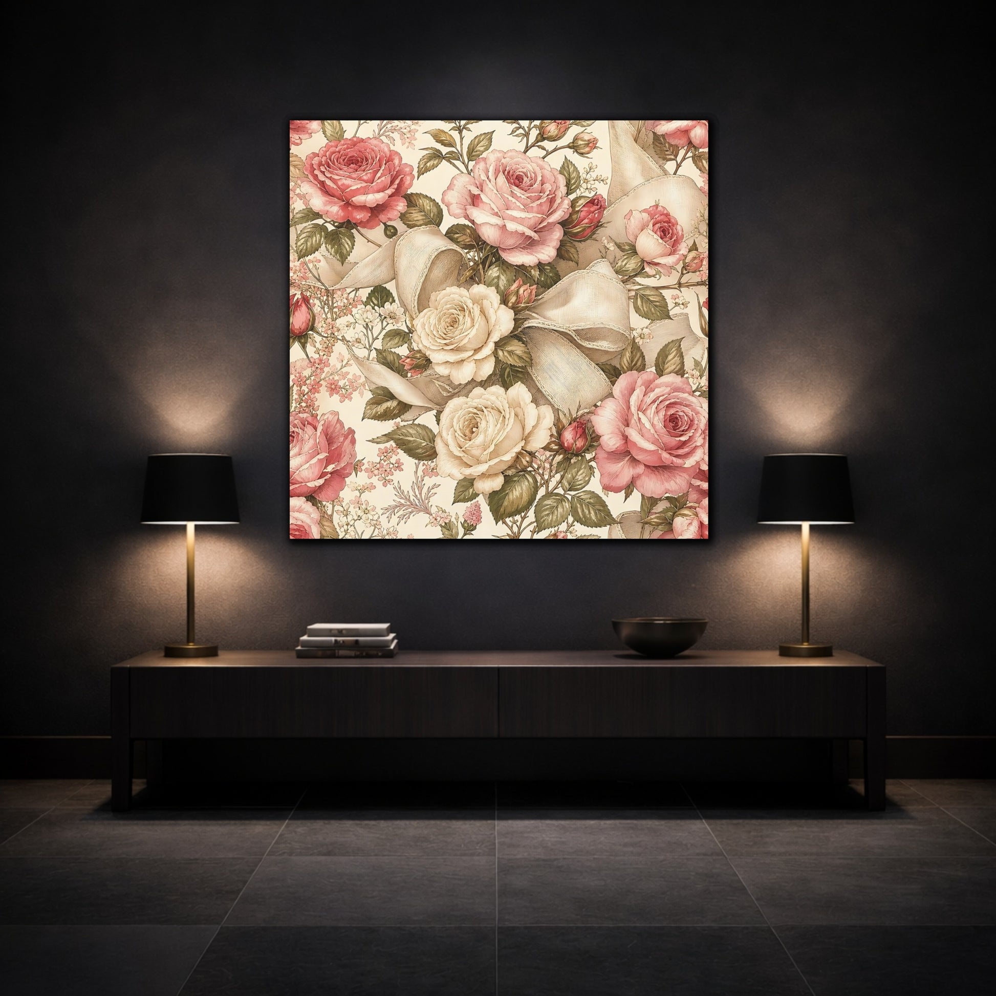 Mockup 3. Floral Roses Vintage Rose Pattern shown as stretched canvas wall art