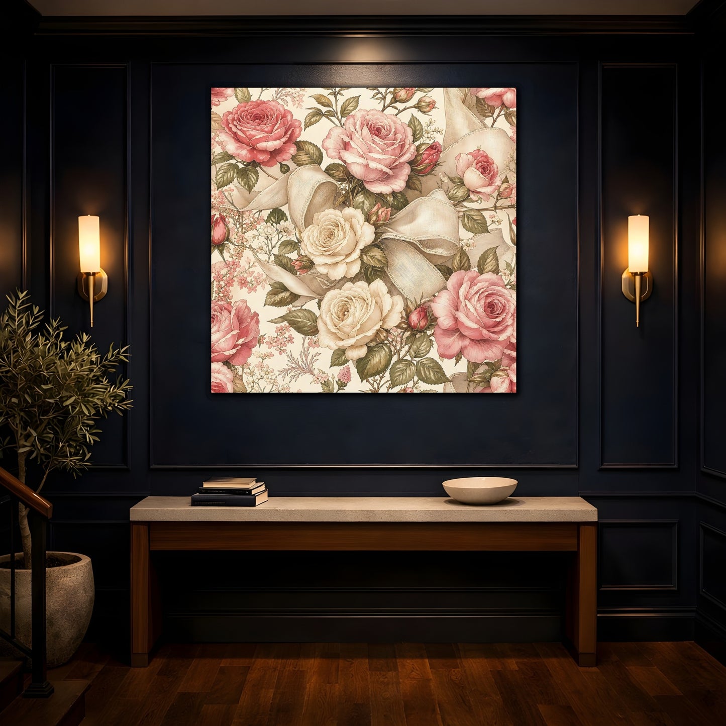 Mockup 4. Floral Roses Vintage Rose Pattern shown as stretched canvas wall art