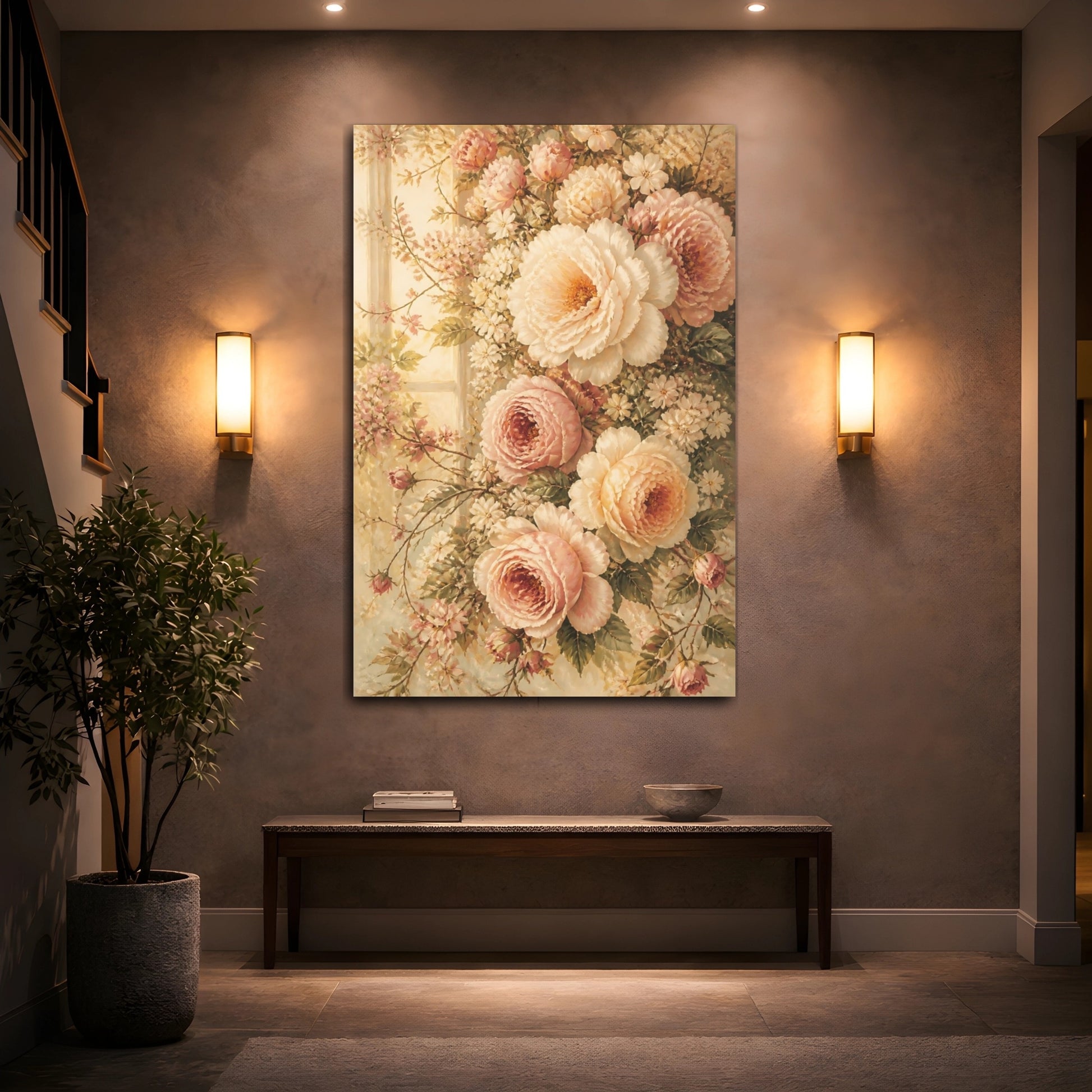 Mockup 2. Floral Roses, Peonies Pink And Cream Flowers shown as canvas print