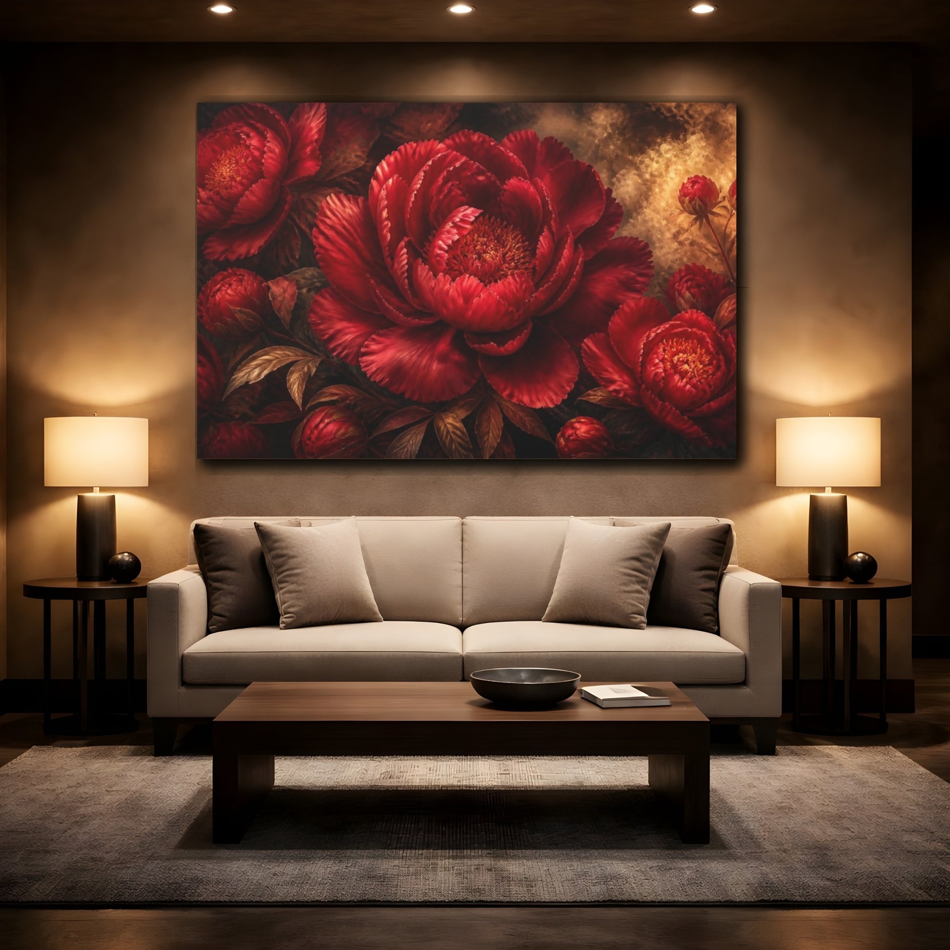 Mockup 2. Floral Ruby Peony shown as canvas print