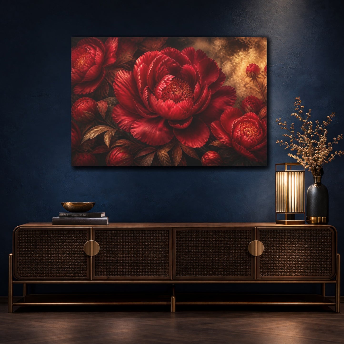 Mockup 4. Floral Ruby Peony shown as canvas print