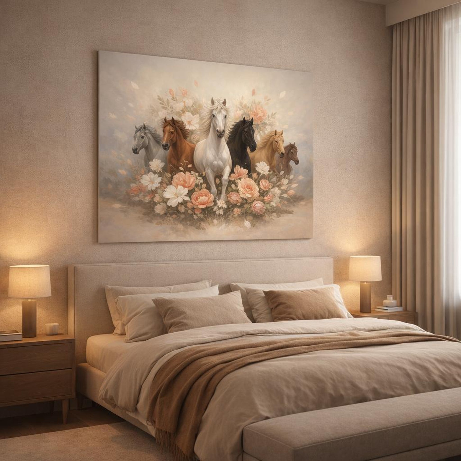 Floral Running Horses shown as canvas wall art in a luxury bedroom
