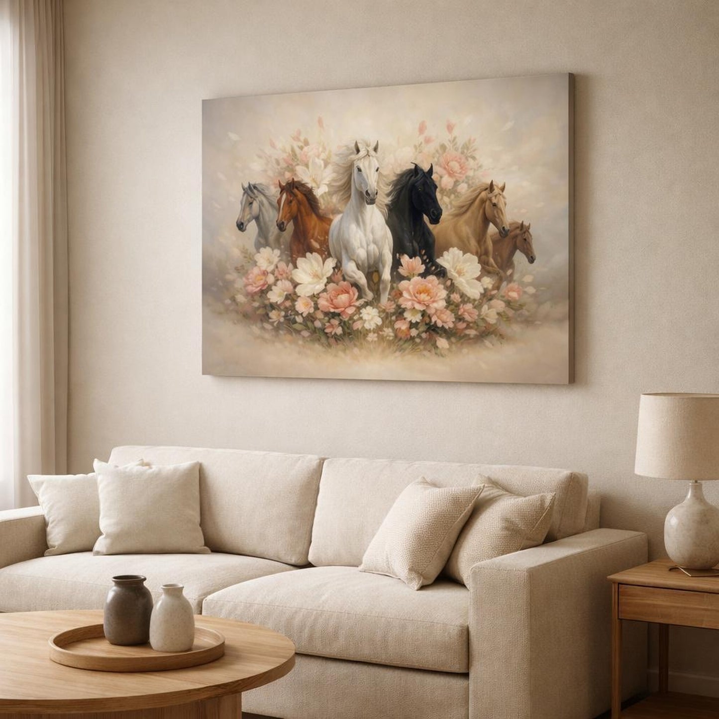 Floral Running Horses shown as canvas wall art in a modern living room