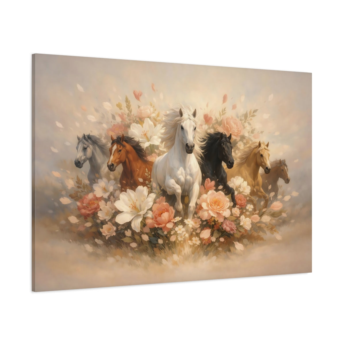 Floral Running Horses shown as stretched canvas wall art