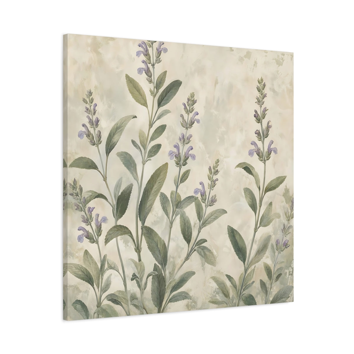 Main Mockup. Floral Sage Flowers Purple And Green shown as stretched canvas wall art
