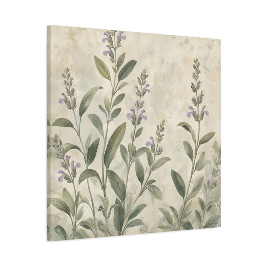 Main Mockup. Floral Sage Flowers Purple And Green shown as stretched canvas wall art