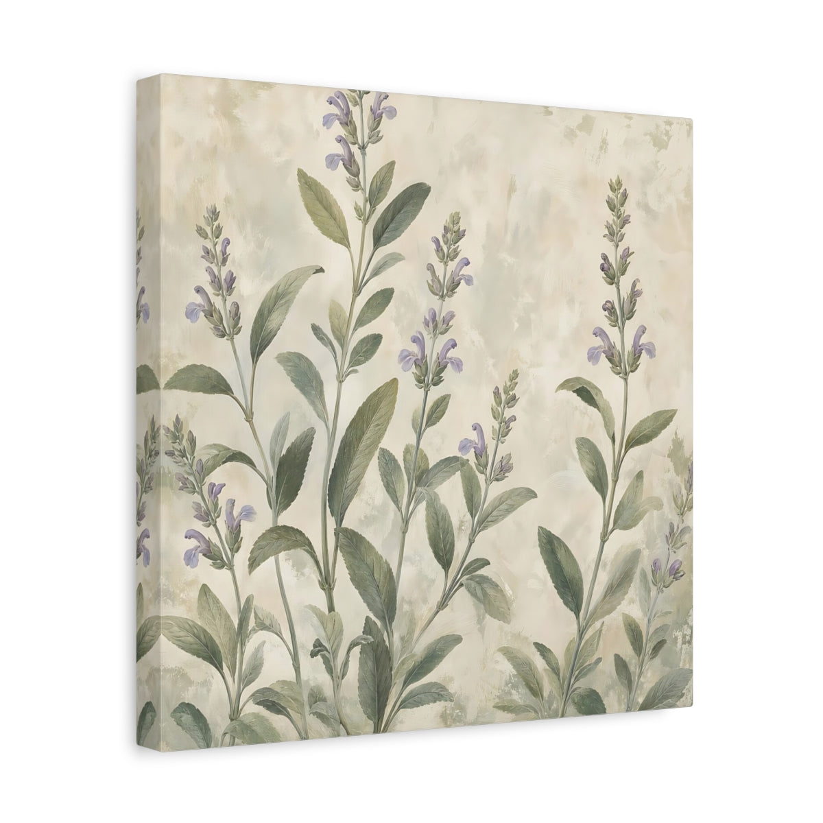 Side Mockup 7. Floral Sage Flowers Purple And Green shown as stretched canvas wall art