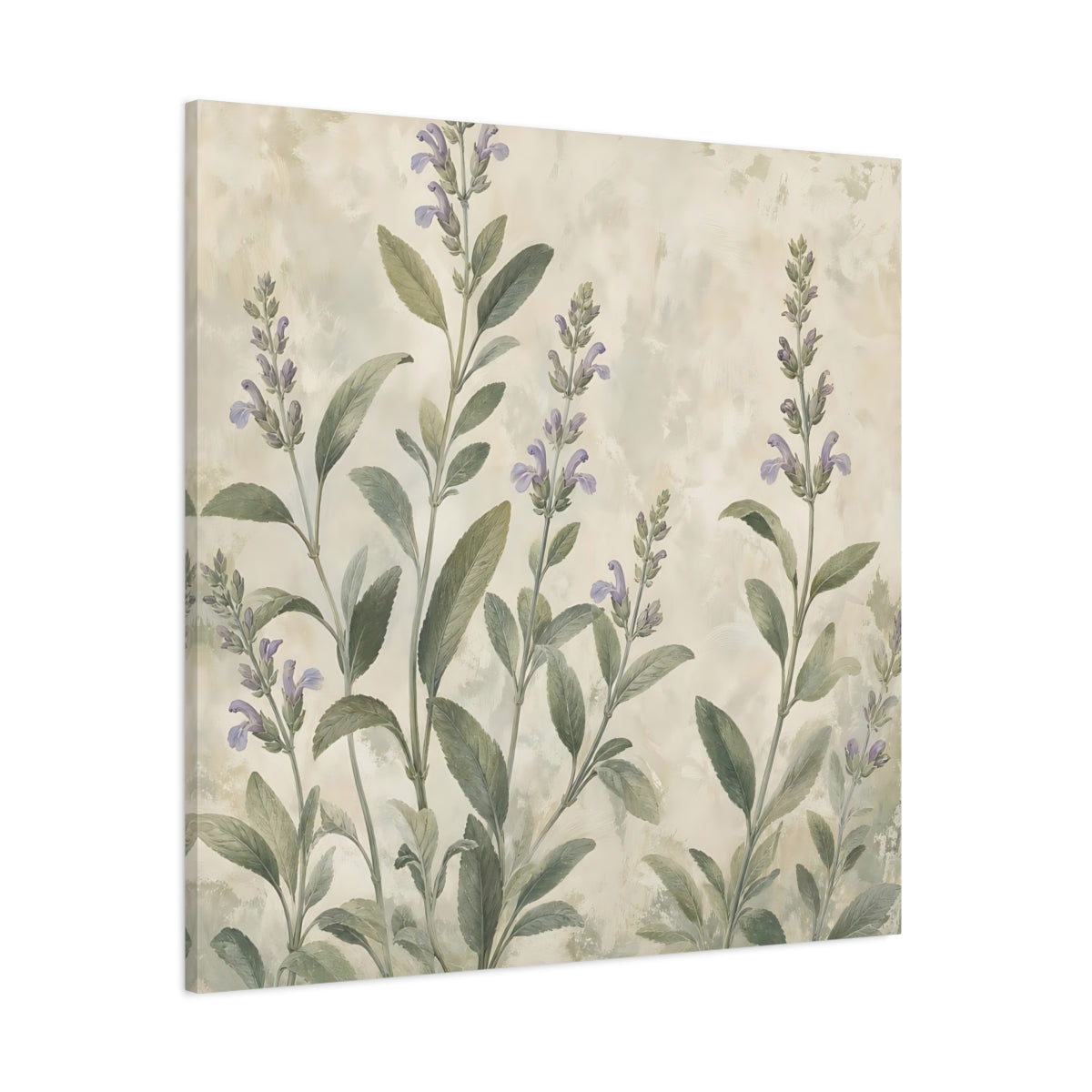 Side Mockup 1. Floral Sage Flowers Purple And Green shown as stretched canvas wall art