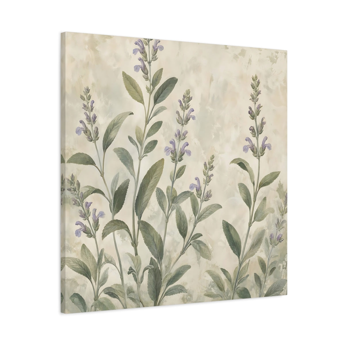 Side Mockup 3. Floral Sage Flowers Purple And Green shown as stretched canvas wall art
