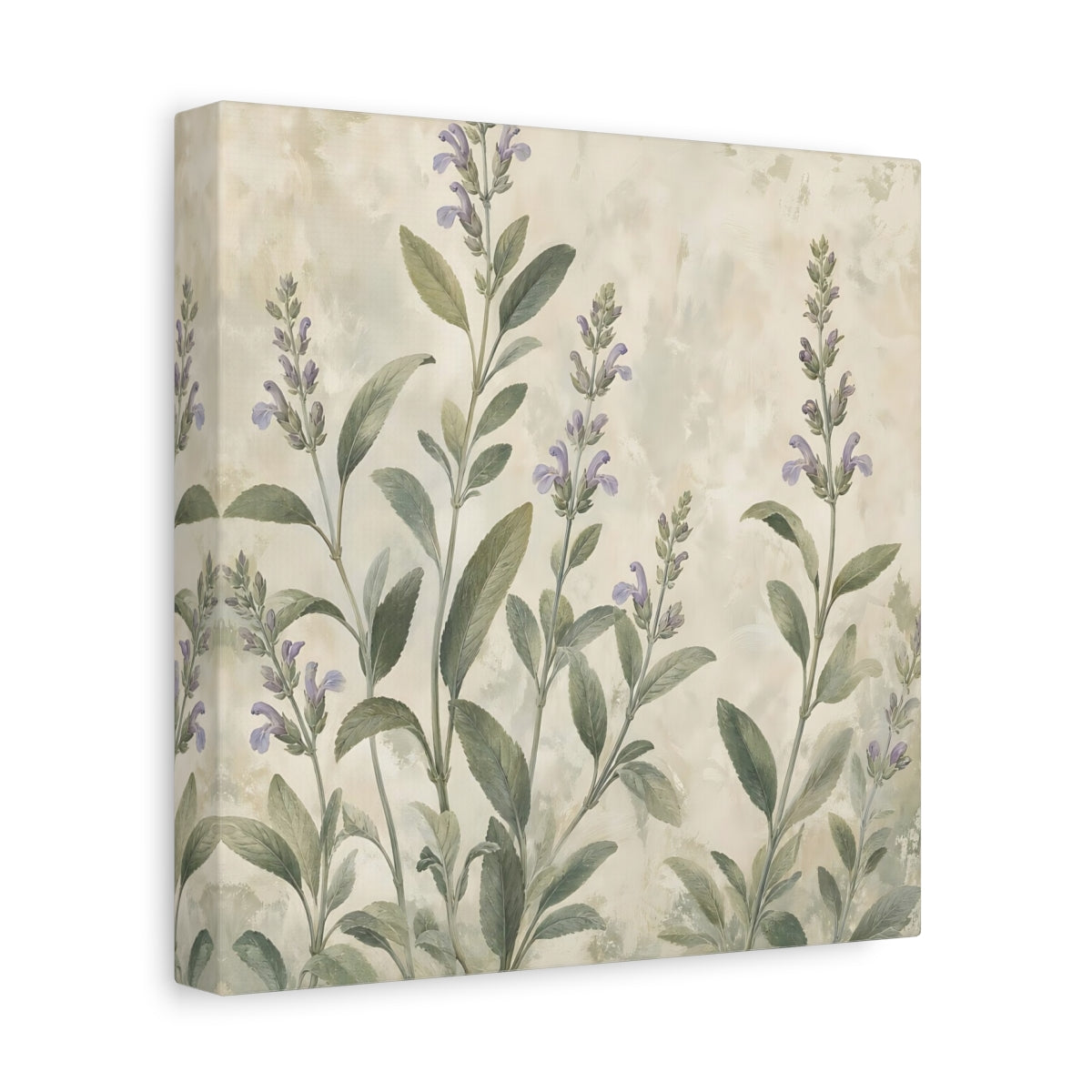 Side Mockup 9. Floral Sage Flowers Purple And Green shown as stretched canvas wall art