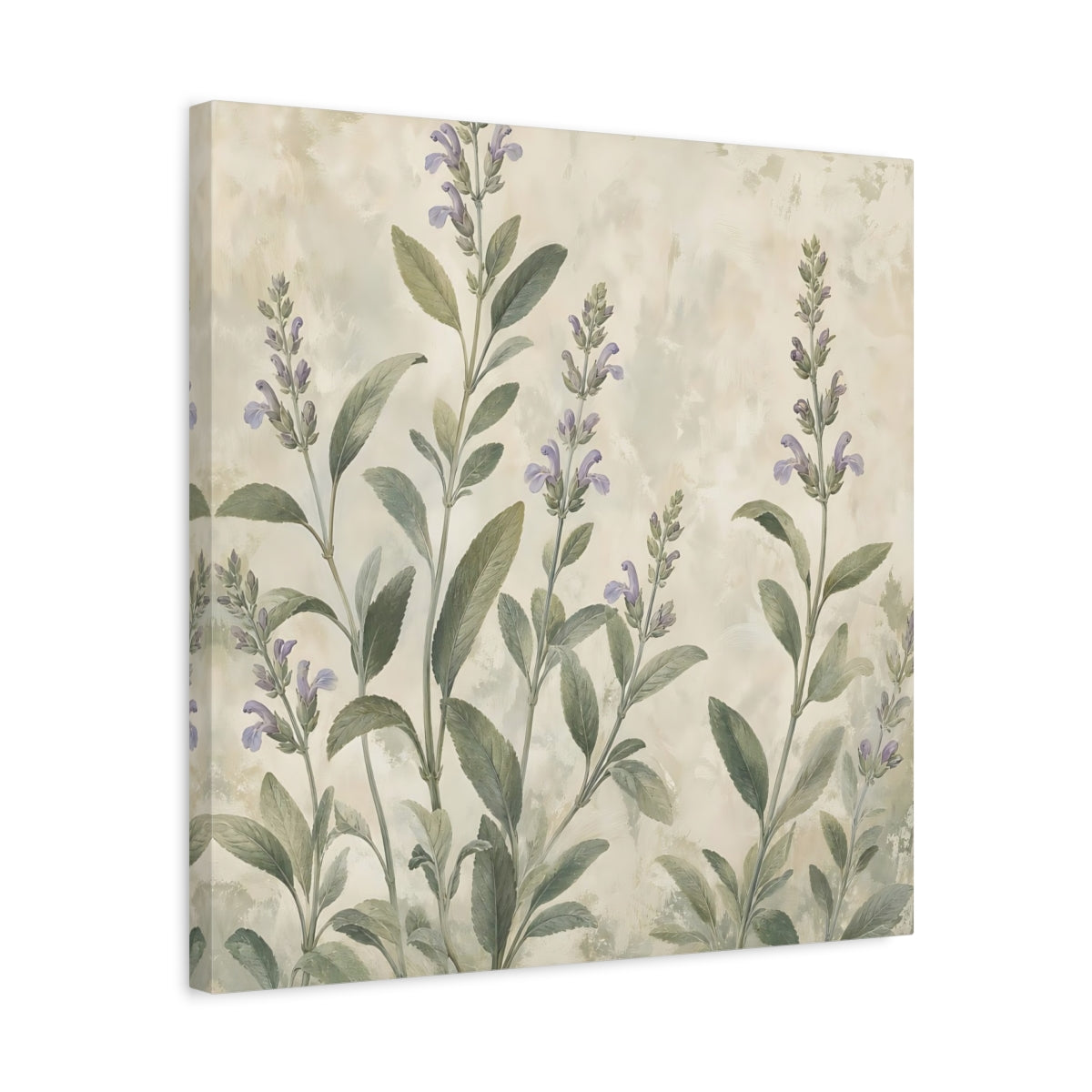 Side Mockup 5. Floral Sage Flowers Purple And Green shown as stretched canvas wall art